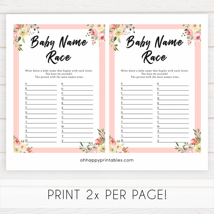 spring floral baby name race baby shower games, printable baby shower games, fun baby shower games, baby shower games, popular baby shower games