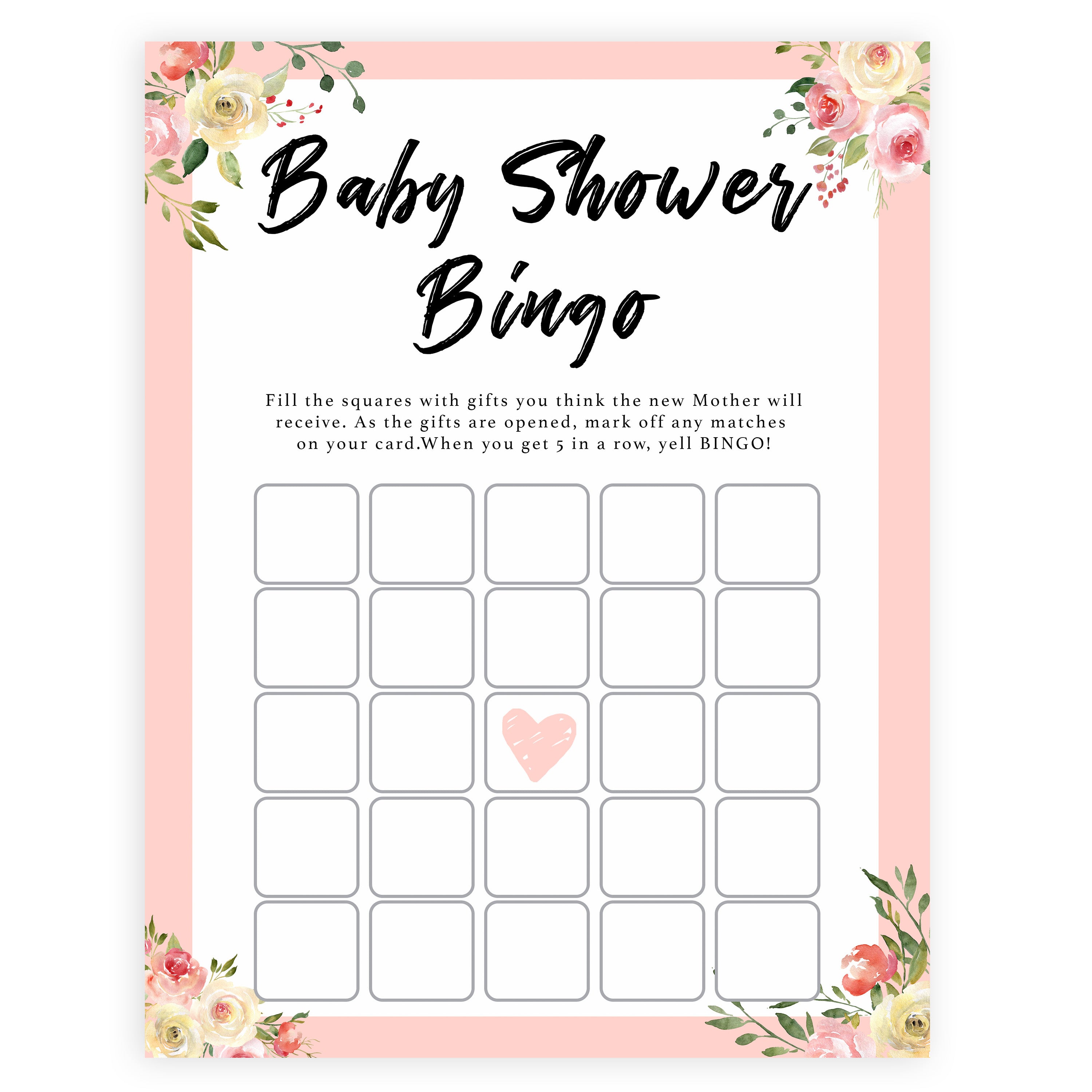 spring floral baby shower bingo baby shower games, printable baby shower games, fun baby shower games, baby shower games, popular baby shower games