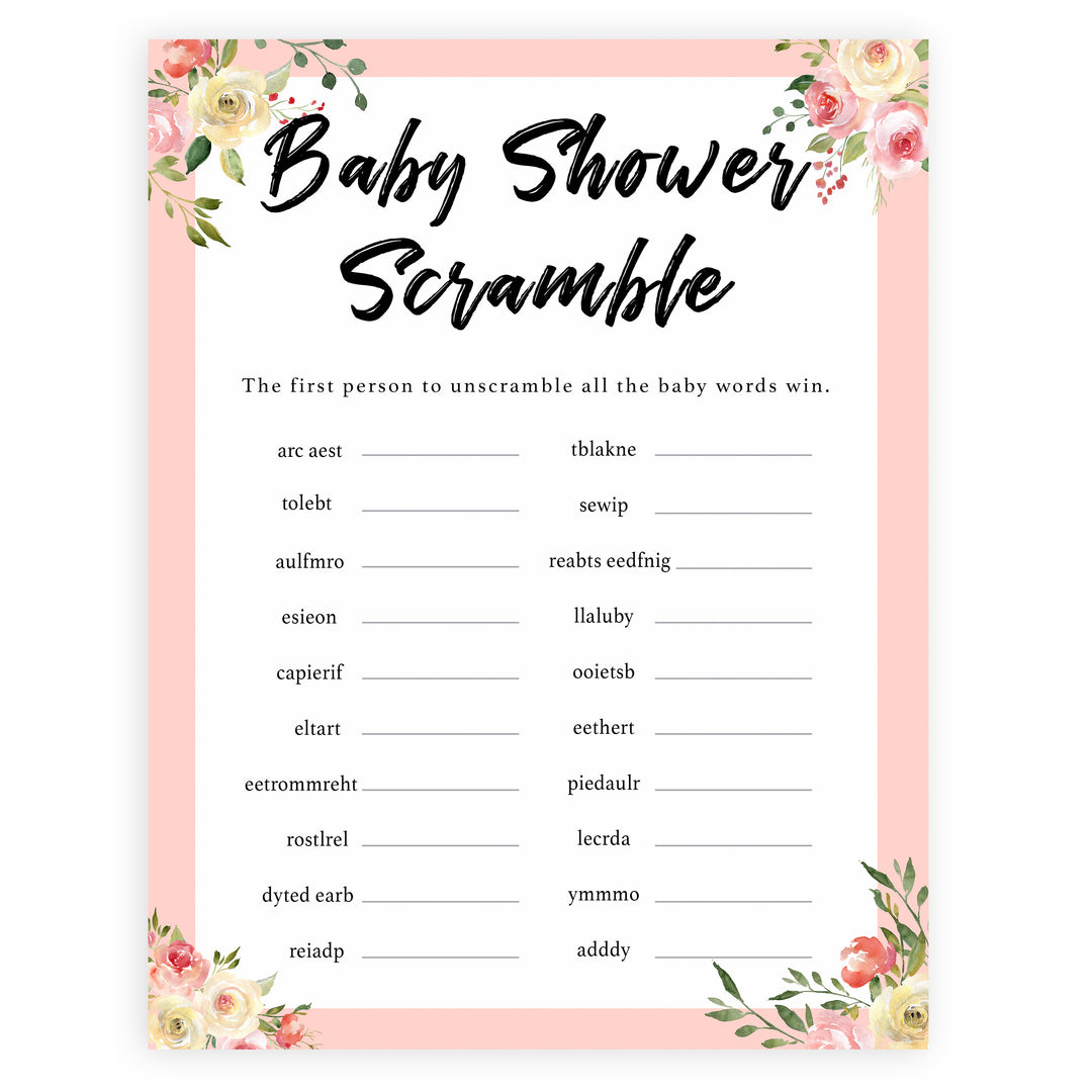 spring floral baby scramble baby shower games, printable baby shower games, fun baby shower games, baby shower games, popular baby shower games