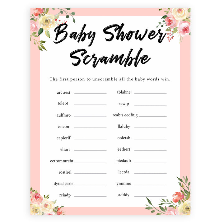 spring floral baby scramble baby shower games, printable baby shower games, fun baby shower games, baby shower games, popular baby shower games