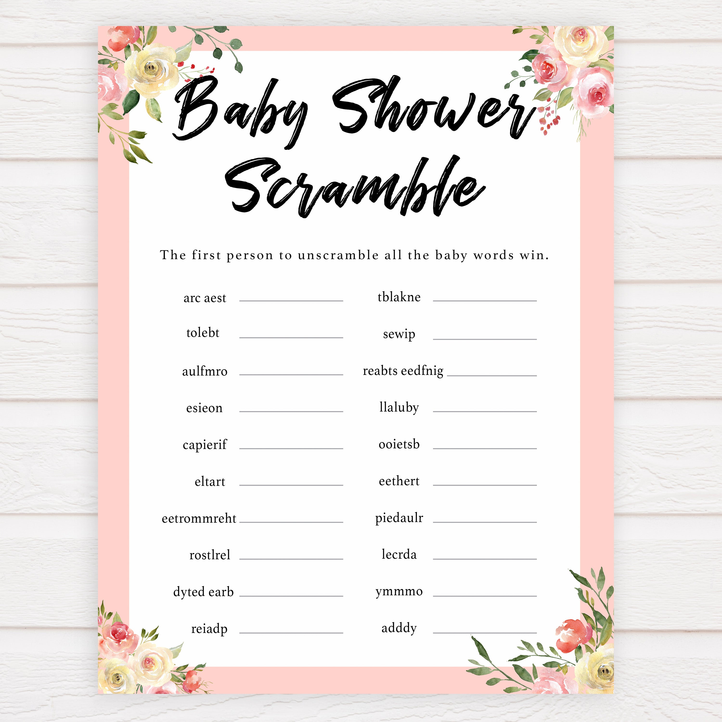 spring floral baby scramble baby shower games, printable baby shower games, fun baby shower games, baby shower games, popular baby shower games