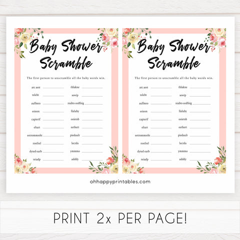 spring floral baby scramble baby shower games, printable baby shower games, fun baby shower games, baby shower games, popular baby shower games
