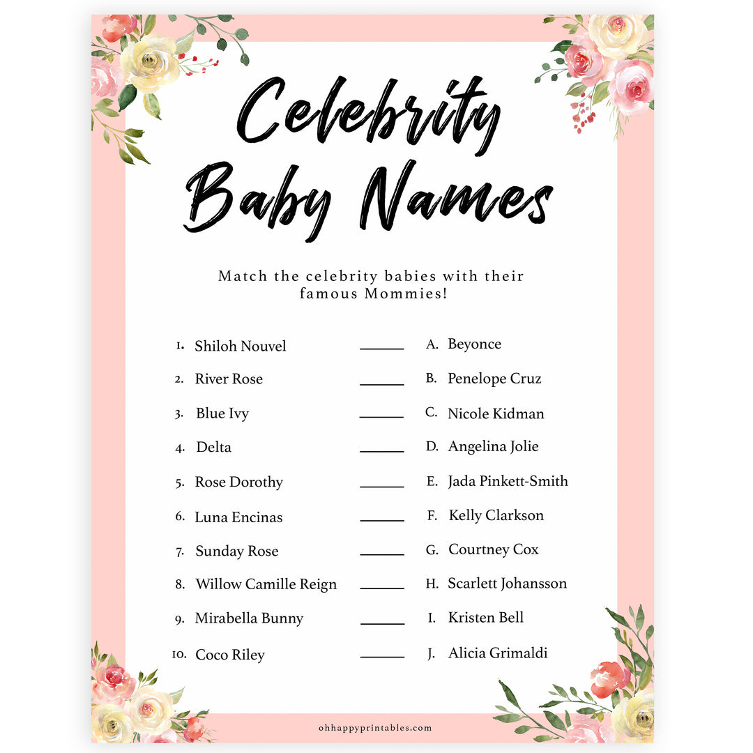 spring floral celebrity baby names baby shower games, printable baby shower games, fun baby shower games, baby shower games, popular baby shower games