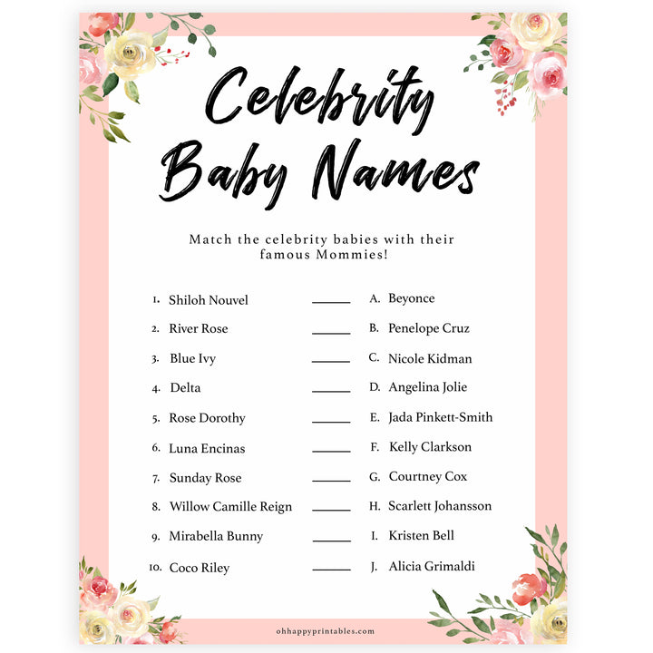 spring floral celebrity baby names baby shower games, printable baby shower games, fun baby shower games, baby shower games, popular baby shower games
