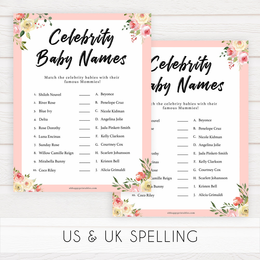 spring floral celebrity baby names baby shower games, printable baby shower games, fun baby shower games, baby shower games, popular baby shower games
