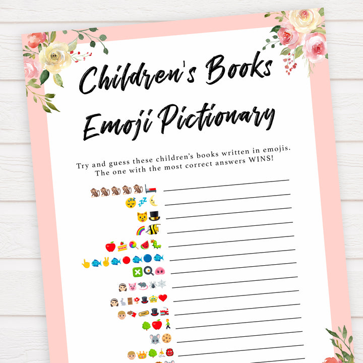 spring floral childrens books emoji pictionary baby shower games, printable baby shower games, fun baby shower games, baby shower games, popular baby shower games