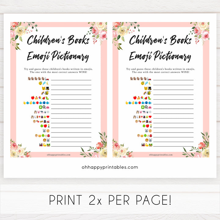 spring floral childrens books emoji pictionary baby shower games, printable baby shower games, fun baby shower games, baby shower games, popular baby shower games
