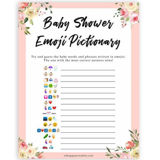spring floral baby shower emoji pictionary baby shower games, printable baby shower games, fun baby shower games, baby shower games, popular baby shower games