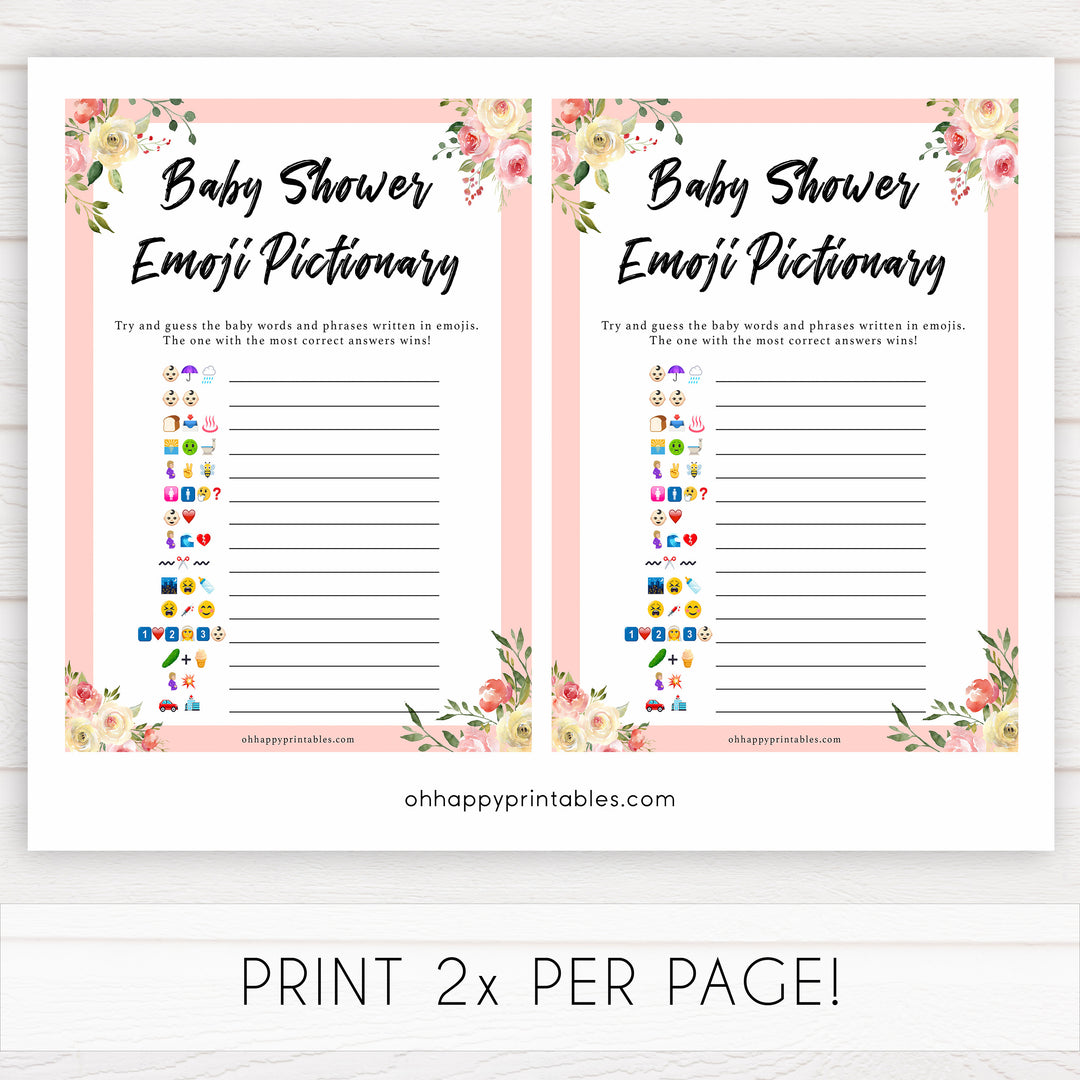 spring floral baby shower emoji pictionary baby shower games, printable baby shower games, fun baby shower games, baby shower games, popular baby shower games
