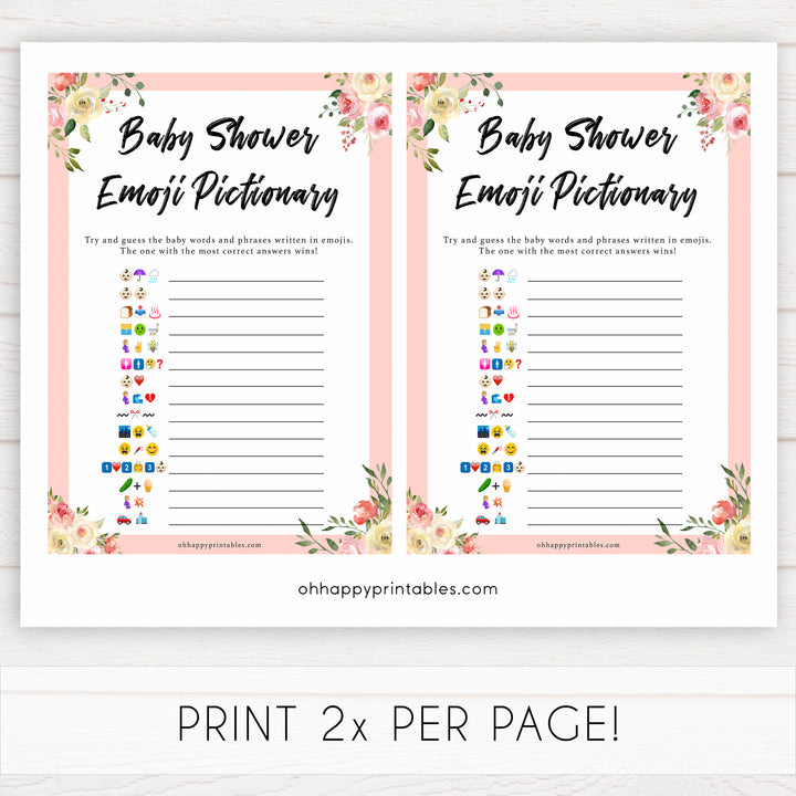 spring floral baby shower emoji pictionary baby shower games, printable baby shower games, fun baby shower games, baby shower games, popular baby shower games