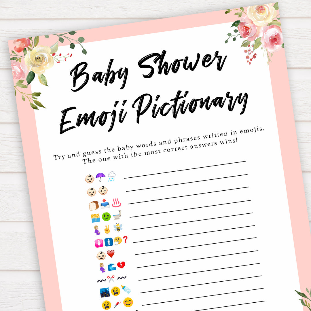 spring floral baby shower emoji pictionary baby shower games, printable baby shower games, fun baby shower games, baby shower games, popular baby shower games