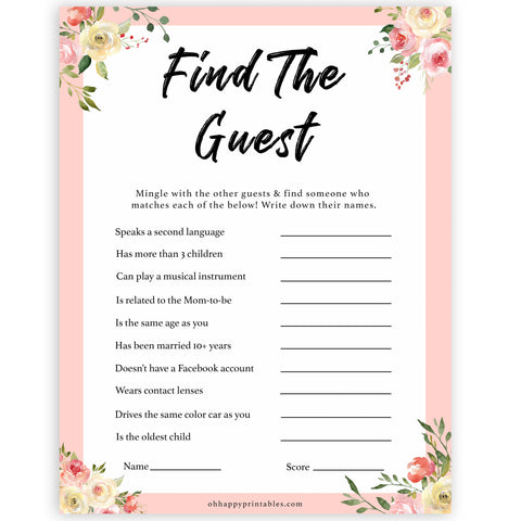 spring floral find the guest baby shower games, printable baby shower games, fun baby shower games, baby shower games, popular baby shower games
