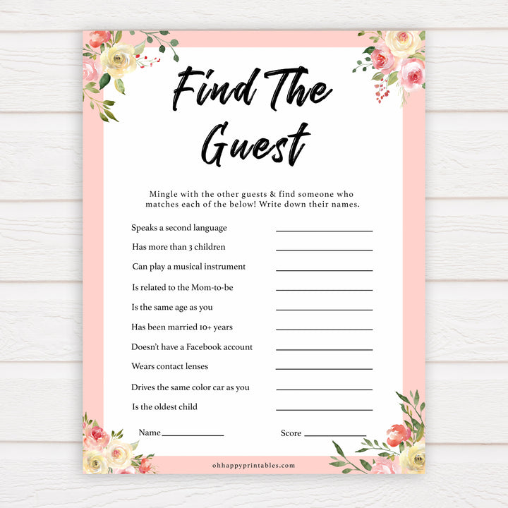 spring floral find the guest baby shower games, printable baby shower games, fun baby shower games, baby shower games, popular baby shower games