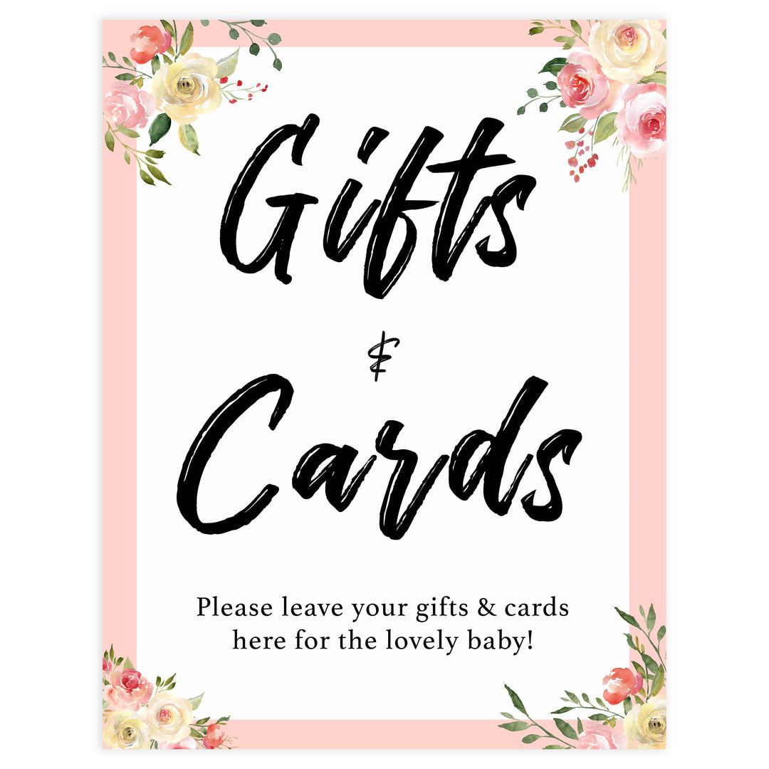 gifts and cards baby signs, gifts and cards table decor, Spring floral baby decor, printable baby table signs, printable baby decor, floral table signs, fun baby signs, fun baby table signs