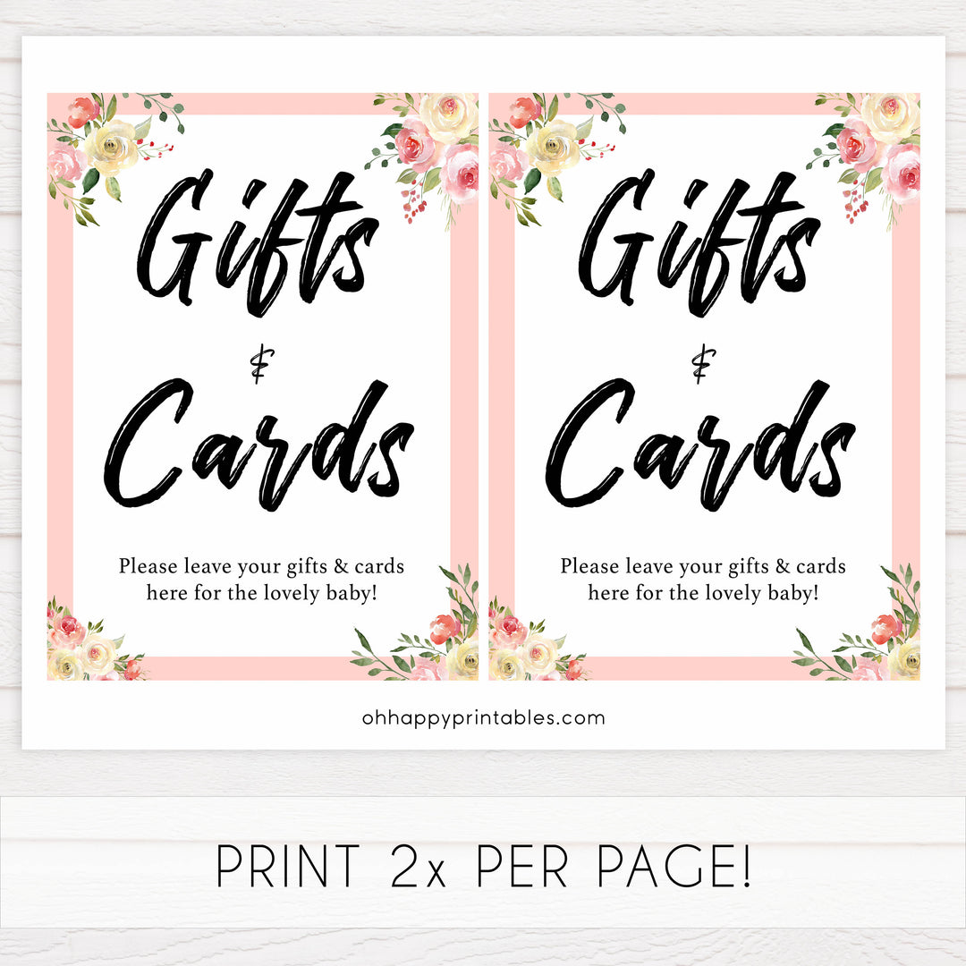 gifts and cards baby signs, gifts and cards table decor, Spring floral baby decor, printable baby table signs, printable baby decor, floral table signs, fun baby signs, fun baby table signs
