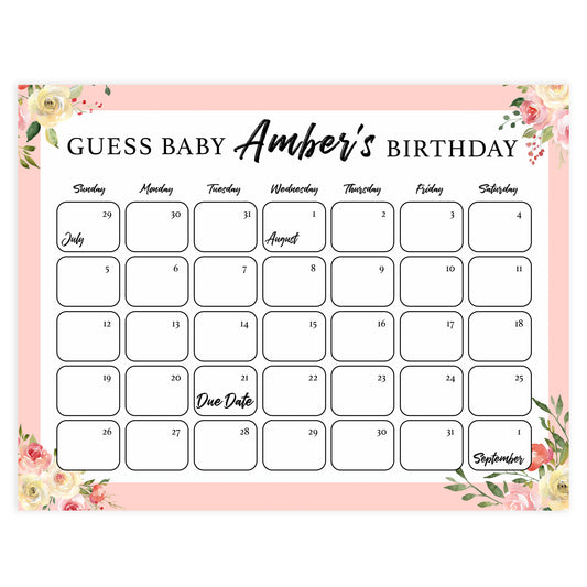 guess the baby birthday game, baby birth predictions game, printable baby shower games, floral baby shower ideas, floral baby games
