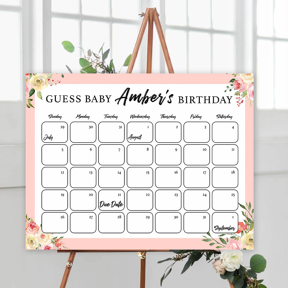 guess the baby birthday game, baby birth predictions game, printable baby shower games, floral baby shower ideas, floral baby games