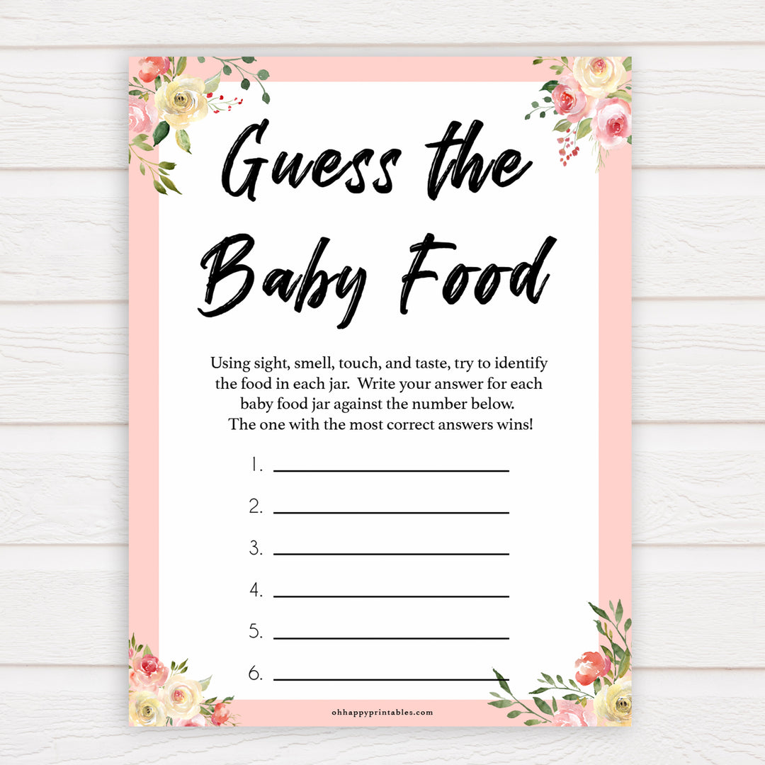 spring floral guess the baby food baby shower games, printable baby shower games, fun baby shower games, baby shower games, popular baby shower games