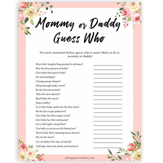 spring floral mummy or daddy guess who baby shower games, printable baby shower games, fun baby shower games, baby shower games, popular baby shower games