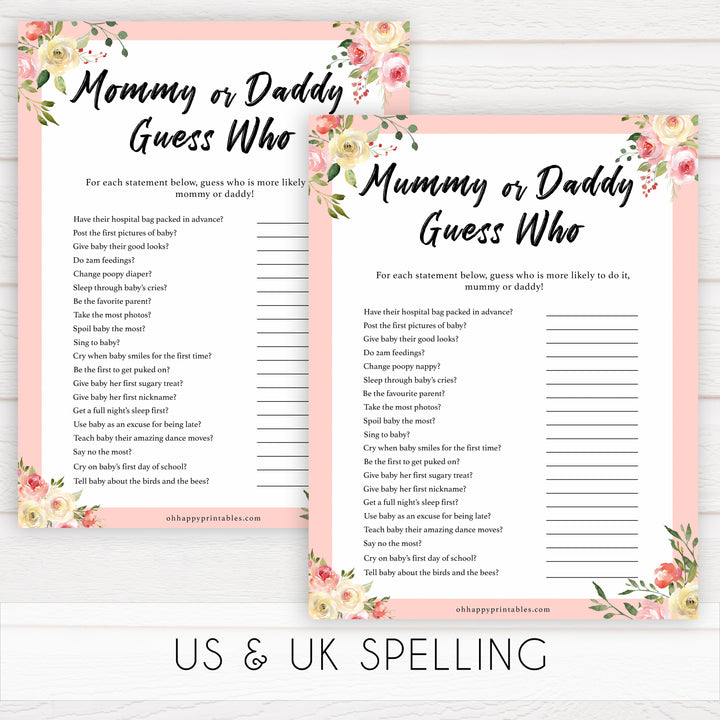 spring floral mummy or daddy guess who baby shower games, printable baby shower games, fun baby shower games, baby shower games, popular baby shower games