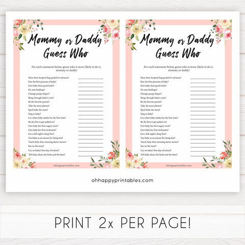 spring floral mummy or daddy guess who baby shower games, printable baby shower games, fun baby shower games, baby shower games, popular baby shower games