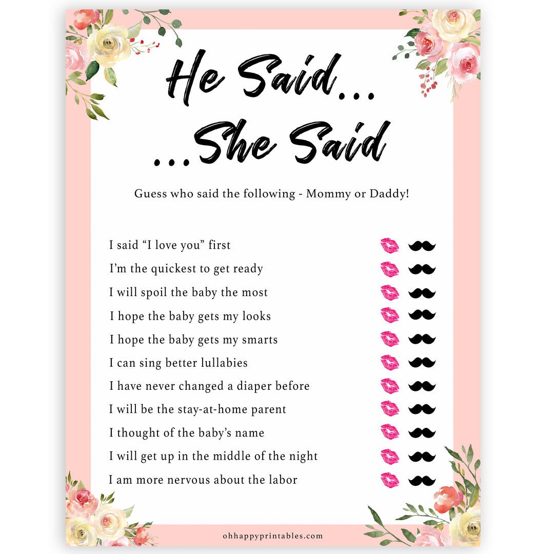 spring floral he said she said guess who baby shower games, printable baby shower games, fun baby shower games, baby shower games, popular baby shower games