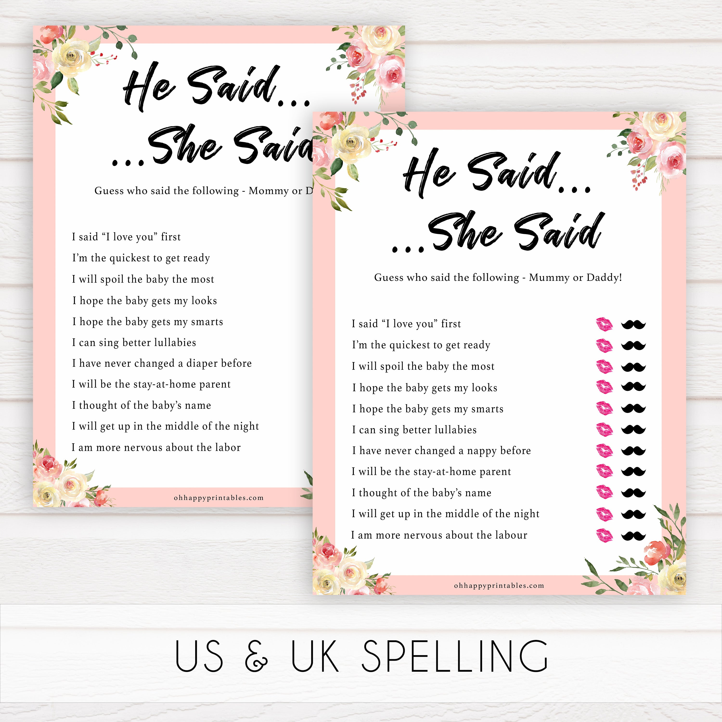 spring floral he said she said guess who baby shower games, printable baby shower games, fun baby shower games, baby shower games, popular baby shower games