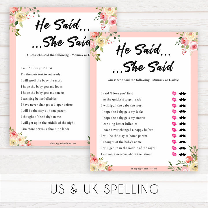 spring floral he said she said guess who baby shower games, printable baby shower games, fun baby shower games, baby shower games, popular baby shower games