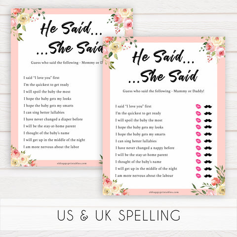 spring floral he said she said guess who baby shower games, printable baby shower games, fun baby shower games, baby shower games, popular baby shower games