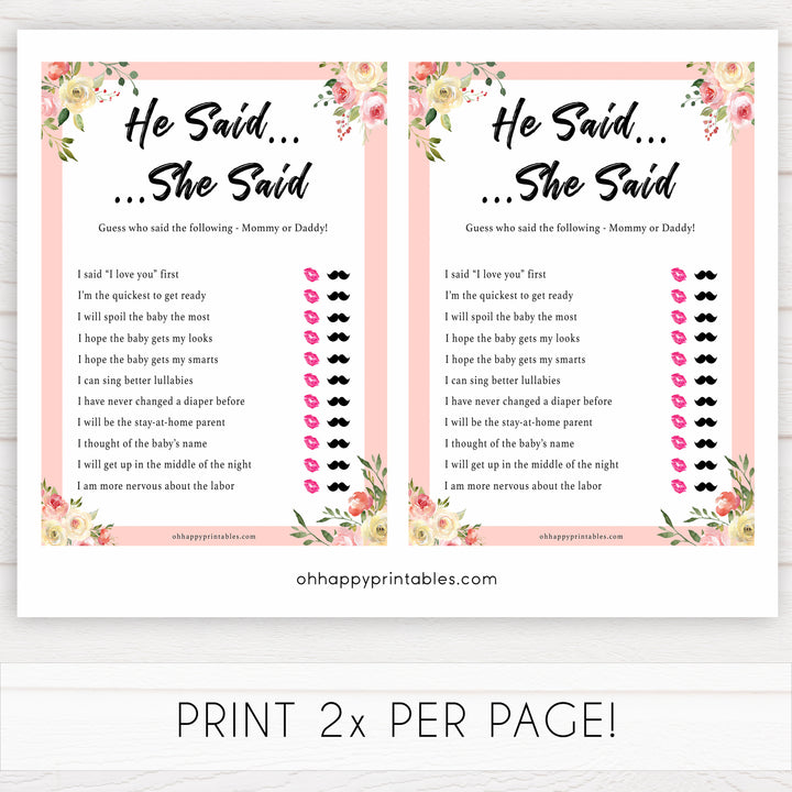spring floral he said she said guess who baby shower games, printable baby shower games, fun baby shower games, baby shower games, popular baby shower games