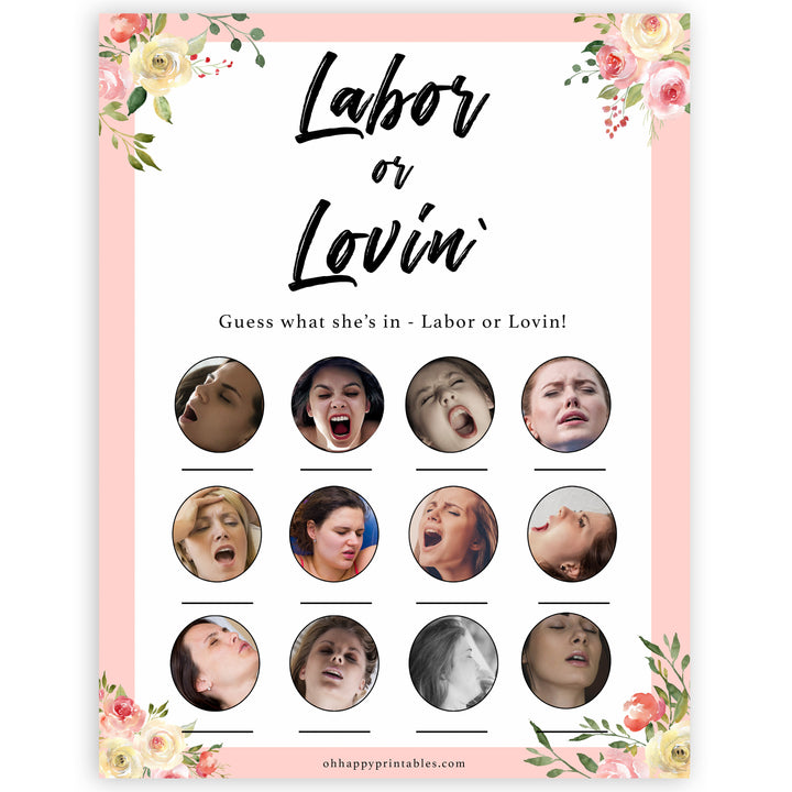 spring floral labor or lovin baby shower games, printable baby shower games, fun baby shower games, baby shower games, popular baby shower games