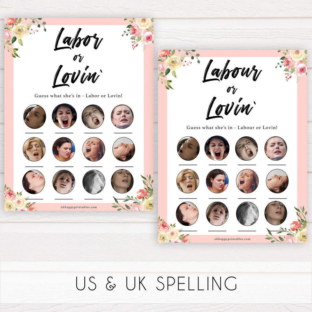 spring floral labor or lovin baby shower games, printable baby shower games, fun baby shower games, baby shower games, popular baby shower games