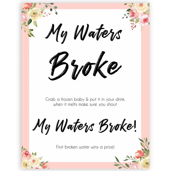 spring floral my waters broke baby shower games, printable baby shower games, fun baby shower games, baby shower games, popular baby shower games