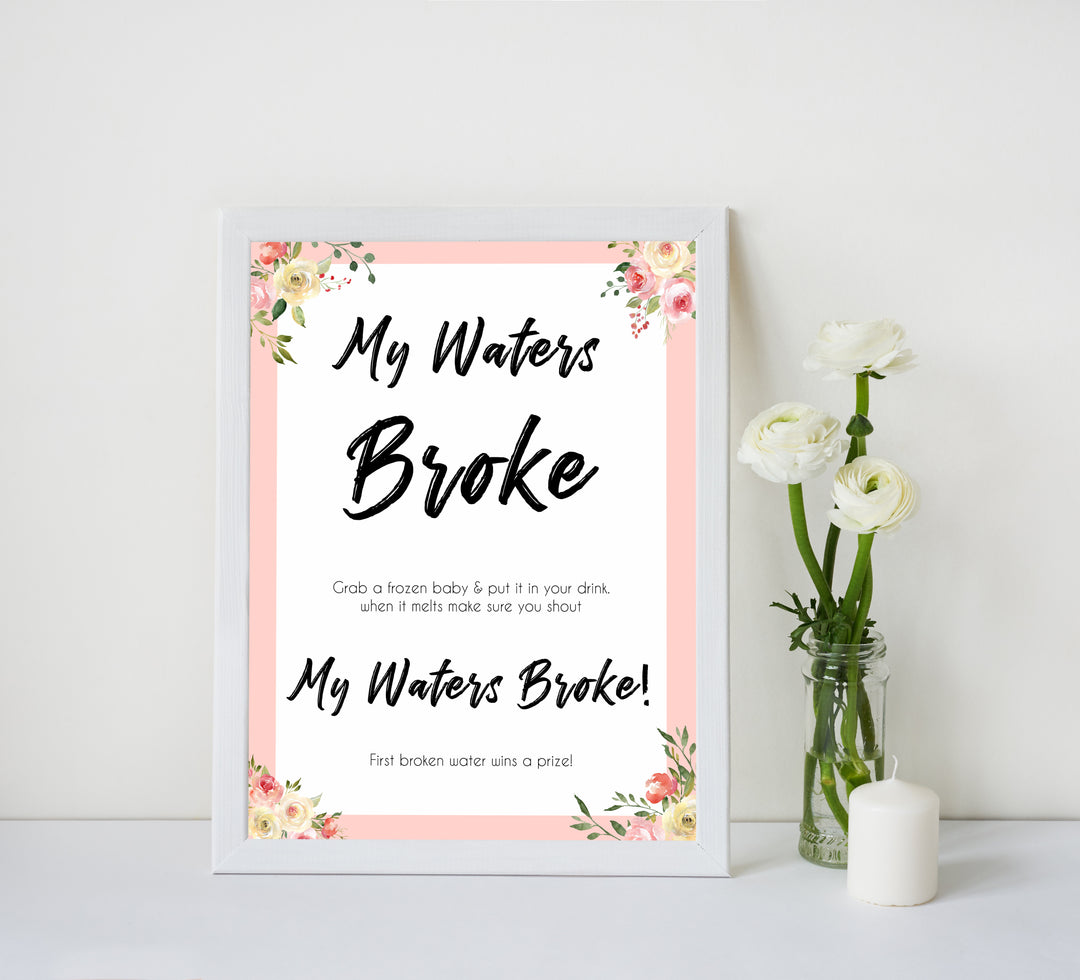 spring floral my waters broke baby shower games, printable baby shower games, fun baby shower games, baby shower games, popular baby shower games