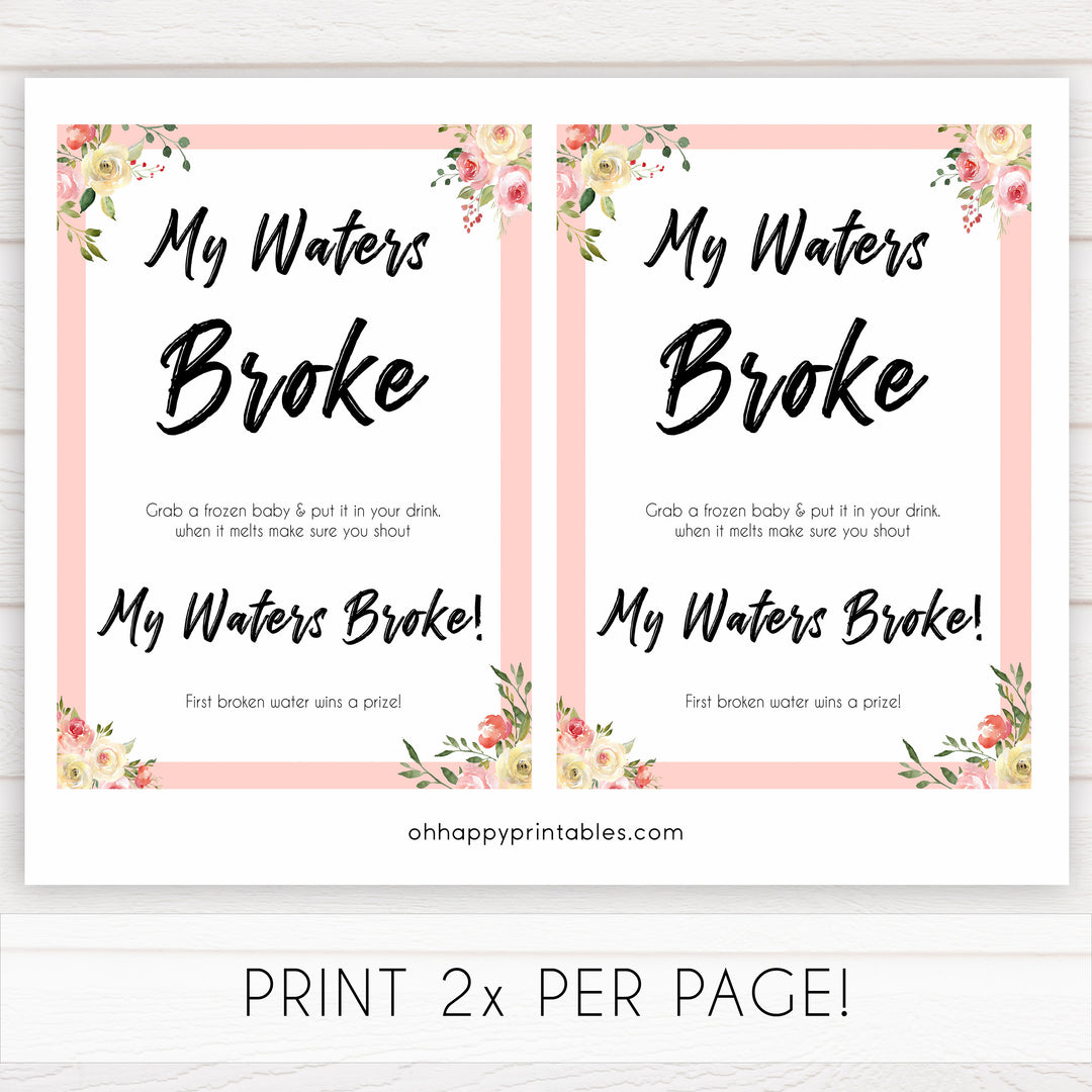 spring floral my waters broke baby shower games, printable baby shower games, fun baby shower games, baby shower games, popular baby shower games