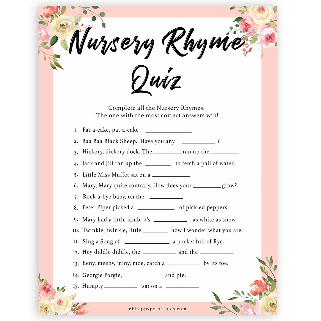 spring floral nursery rhyme quiz baby shower games, printable baby shower games, fun baby shower games, baby shower games, popular baby shower games