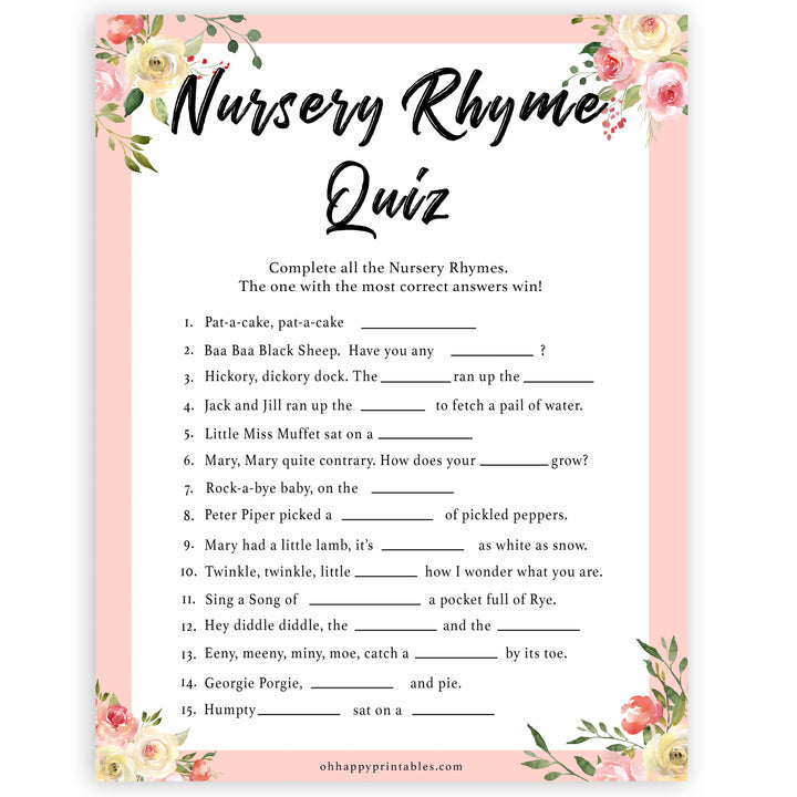 spring floral nursery rhyme quiz baby shower games, printable baby shower games, fun baby shower games, baby shower games, popular baby shower games