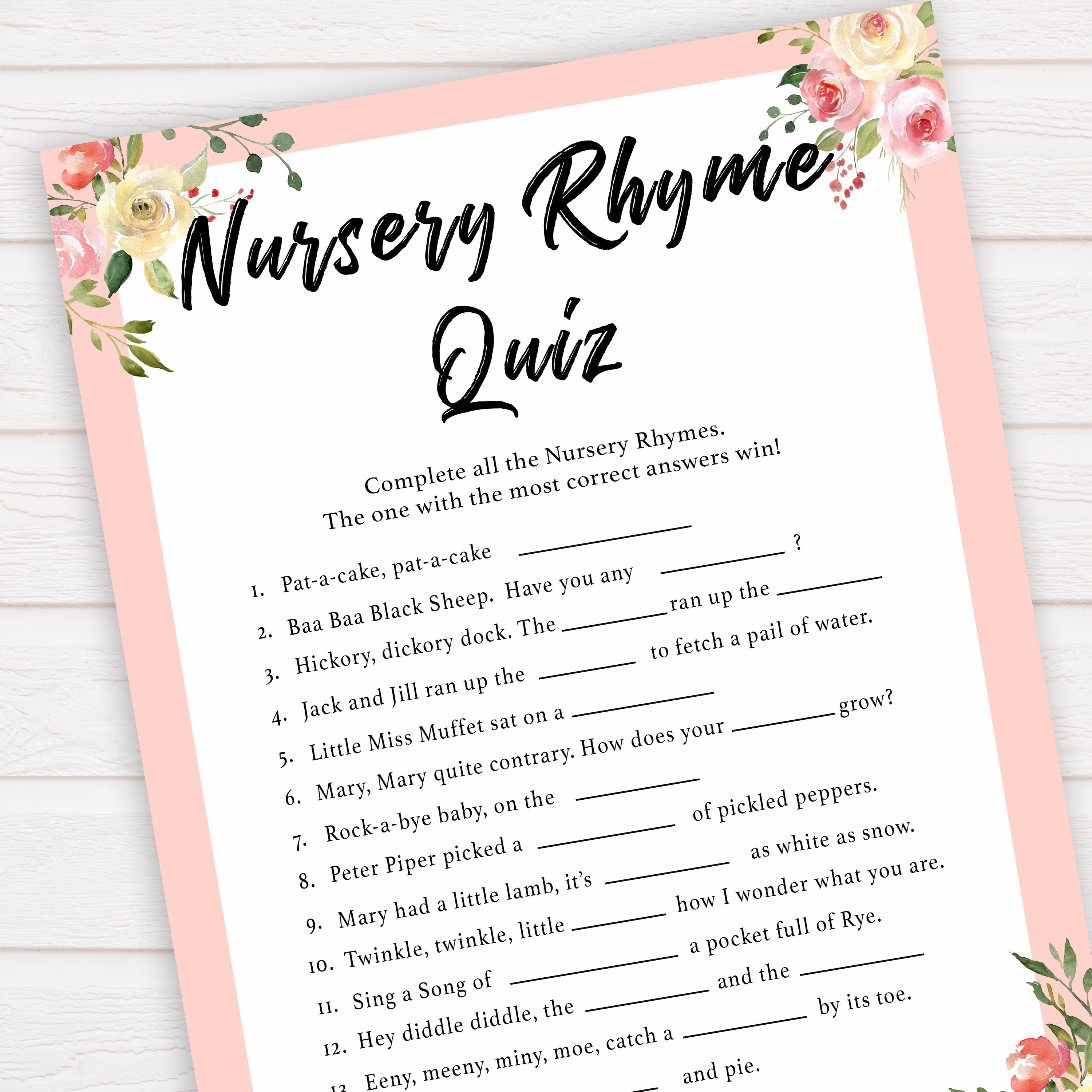 spring floral nursery rhyme quiz baby shower games, printable baby shower games, fun baby shower games, baby shower games, popular baby shower games