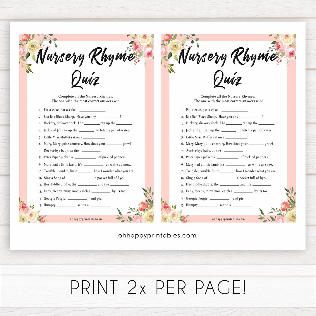 spring floral nursery rhyme quiz baby shower games, printable baby shower games, fun baby shower games, baby shower games, popular baby shower games