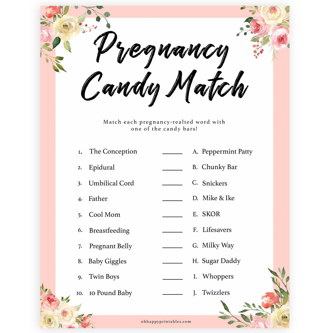 spring floral pregnancy candy match baby shower games, printable baby shower games, fun baby shower games, baby shower games, popular baby shower games