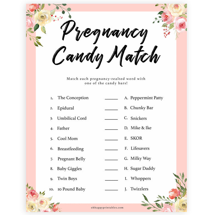 spring floral pregnancy candy match baby shower games, printable baby shower games, fun baby shower games, baby shower games, popular baby shower games