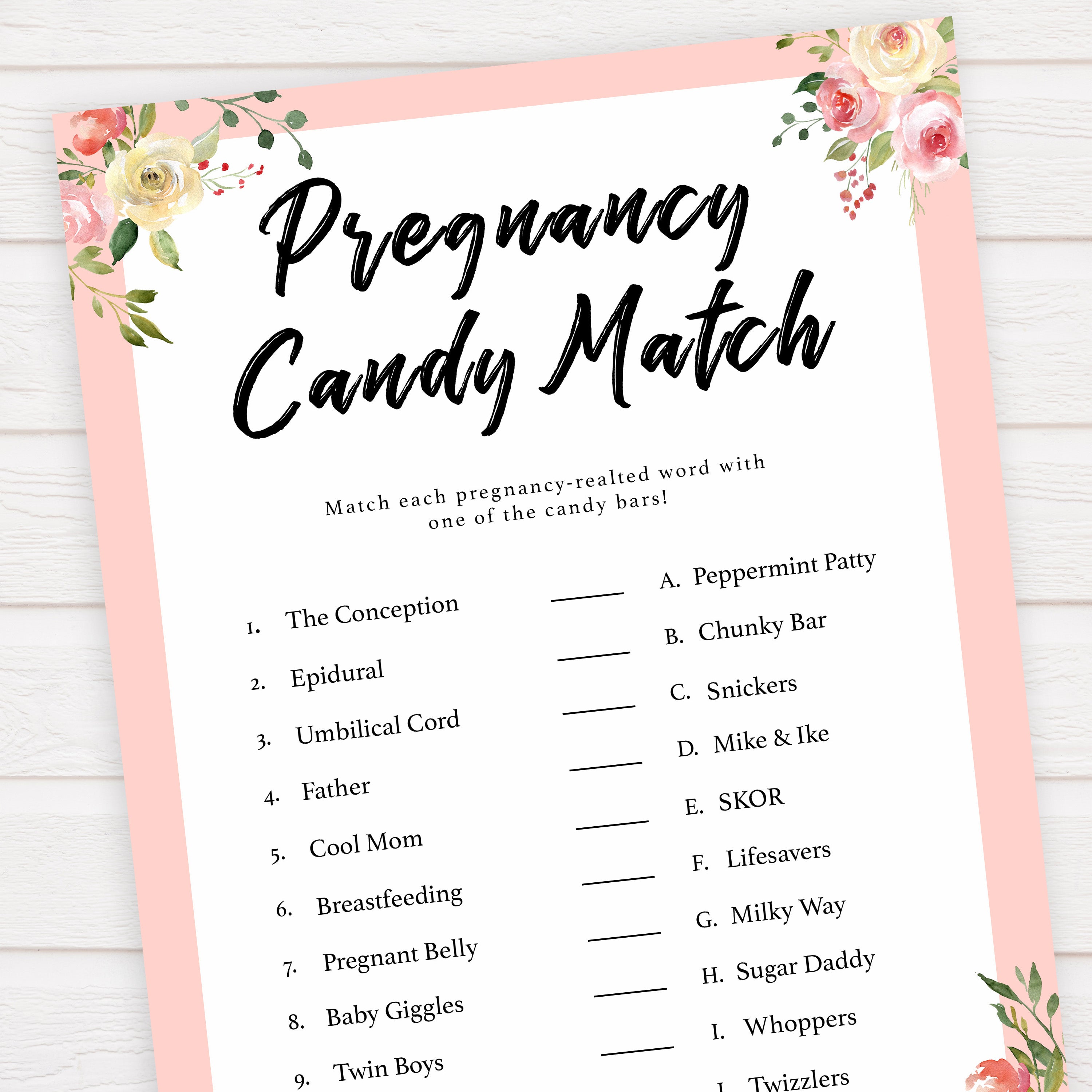 spring floral pregnancy candy match baby shower games, printable baby shower games, fun baby shower games, baby shower games, popular baby shower games
