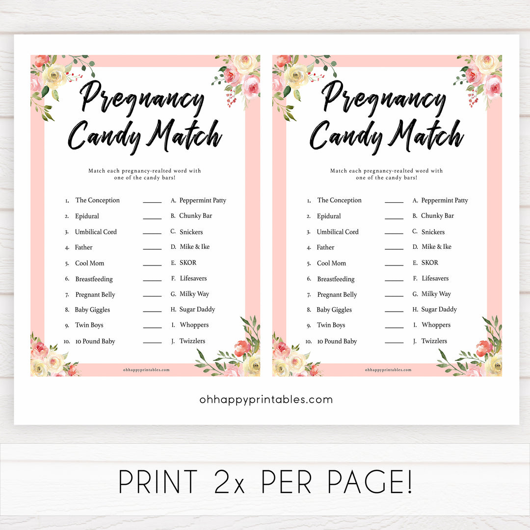 spring floral pregnancy candy match baby shower games, printable baby shower games, fun baby shower games, baby shower games, popular baby shower games