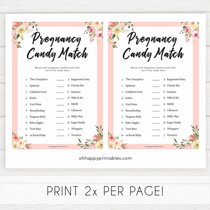 spring floral pregnancy candy match baby shower games, printable baby shower games, fun baby shower games, baby shower games, popular baby shower games