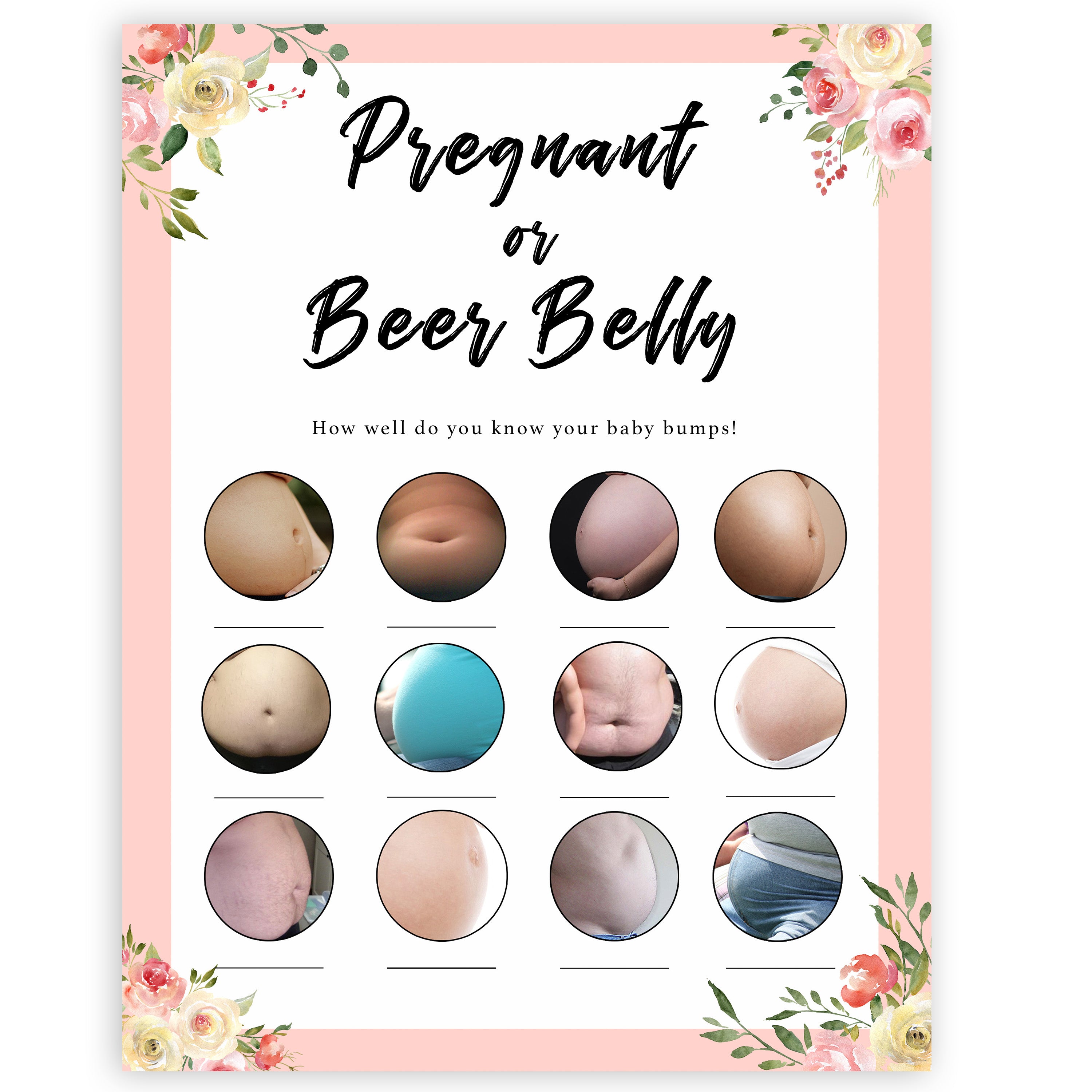 spring floral pregnant or beer belly baby shower games, printable baby shower games, fun baby shower games, baby shower games, popular baby shower games