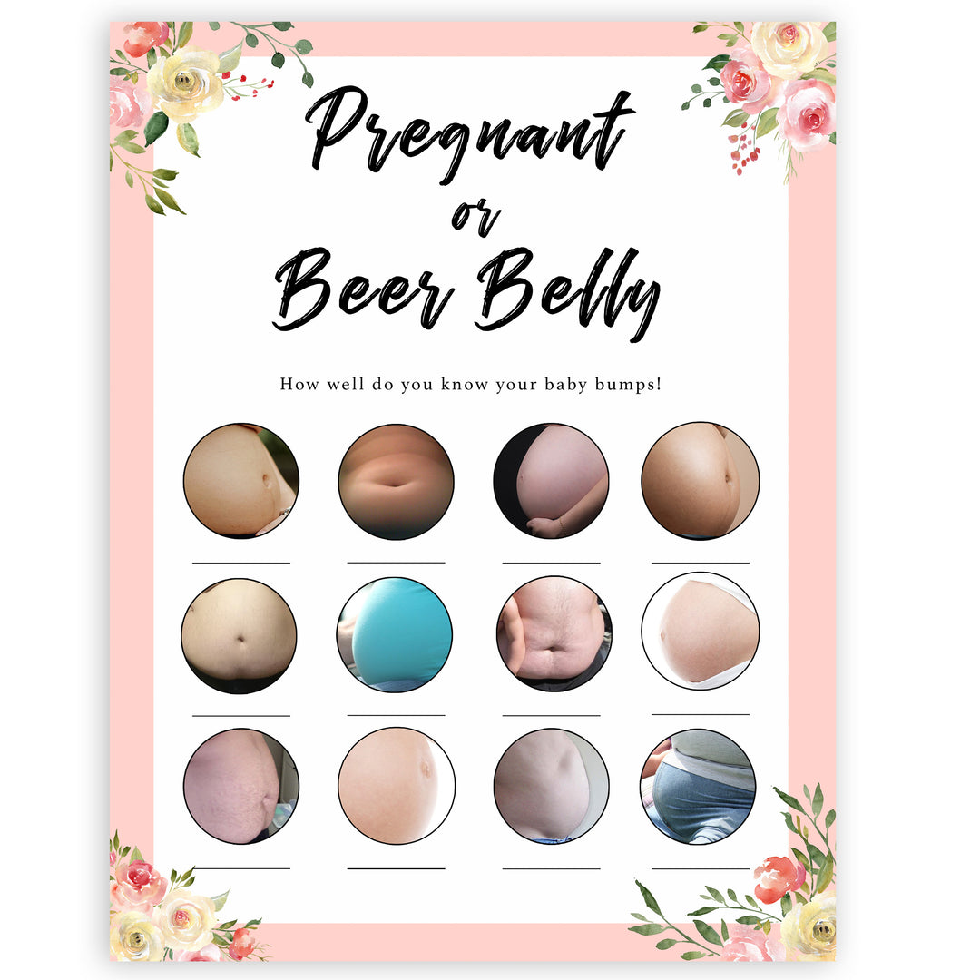 spring floral pregnant or beer belly baby shower games, printable baby shower games, fun baby shower games, baby shower games, popular baby shower games