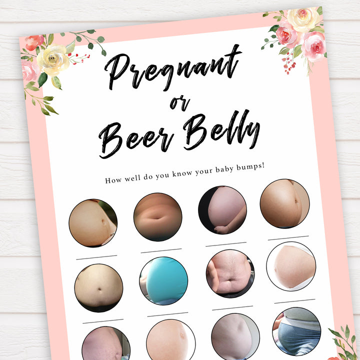 spring floral pregnant or beer belly baby shower games, printable baby shower games, fun baby shower games, baby shower games, popular baby shower games