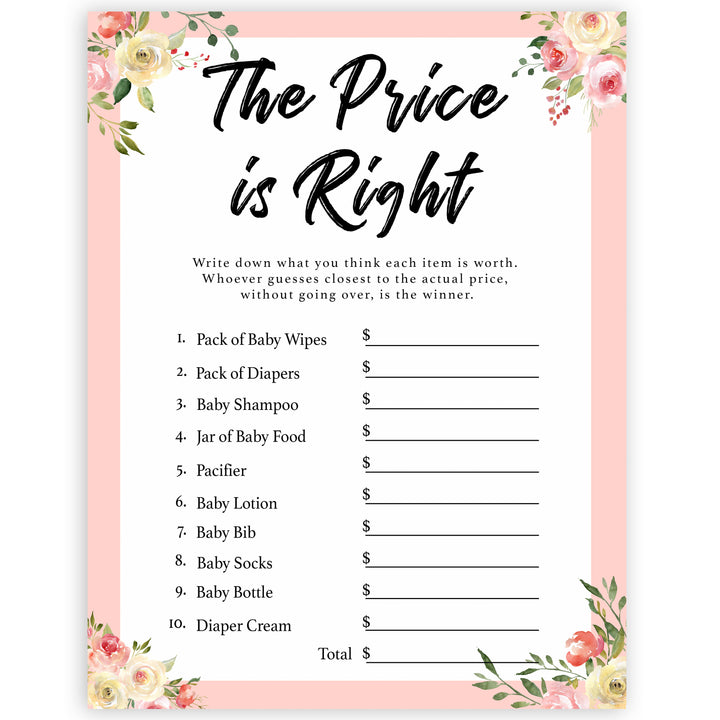 spring floral the price is right baby shower games, printable baby shower games, fun baby shower games, baby shower games, popular baby shower games