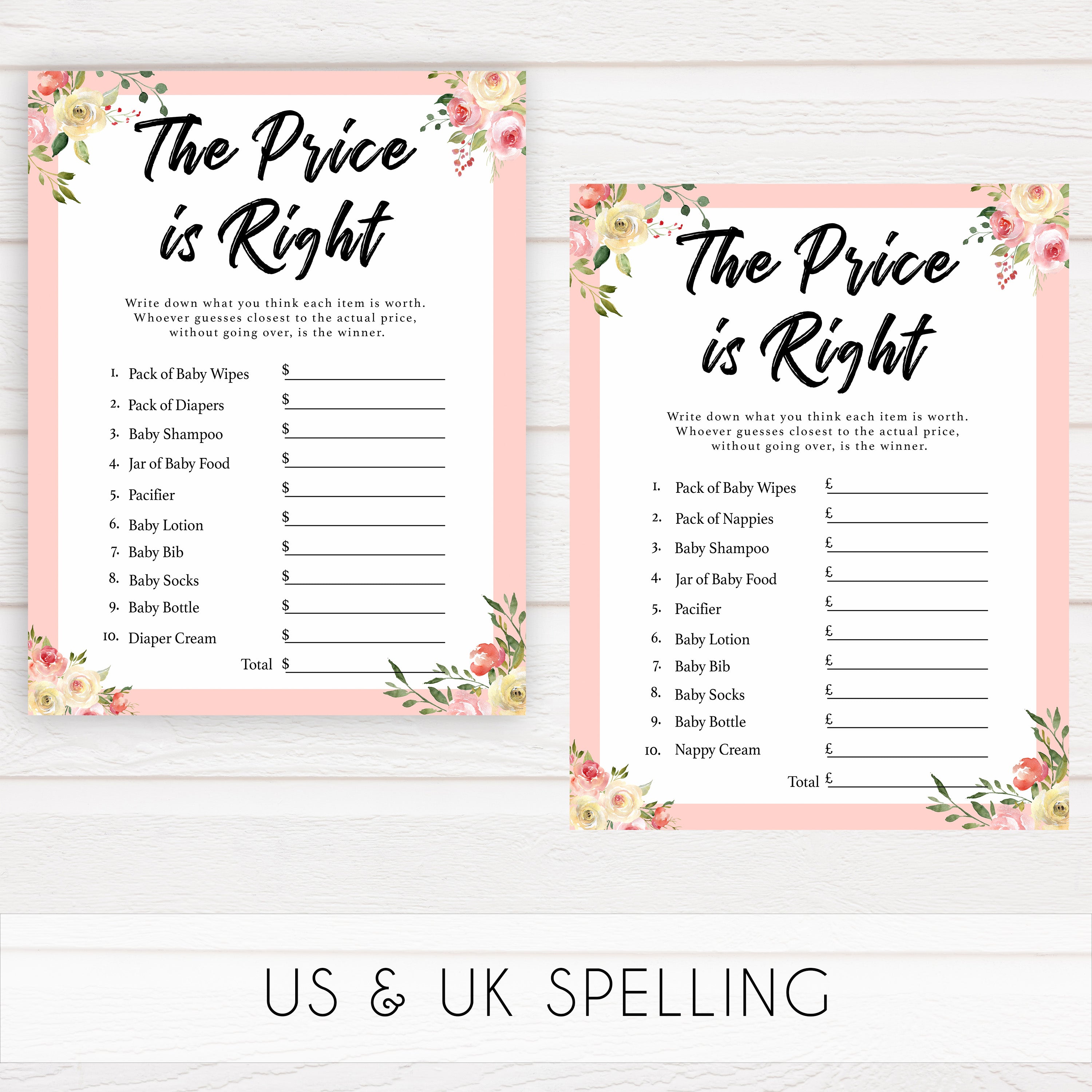 spring floral the price is right baby shower games, printable baby shower games, fun baby shower games, baby shower games, popular baby shower games