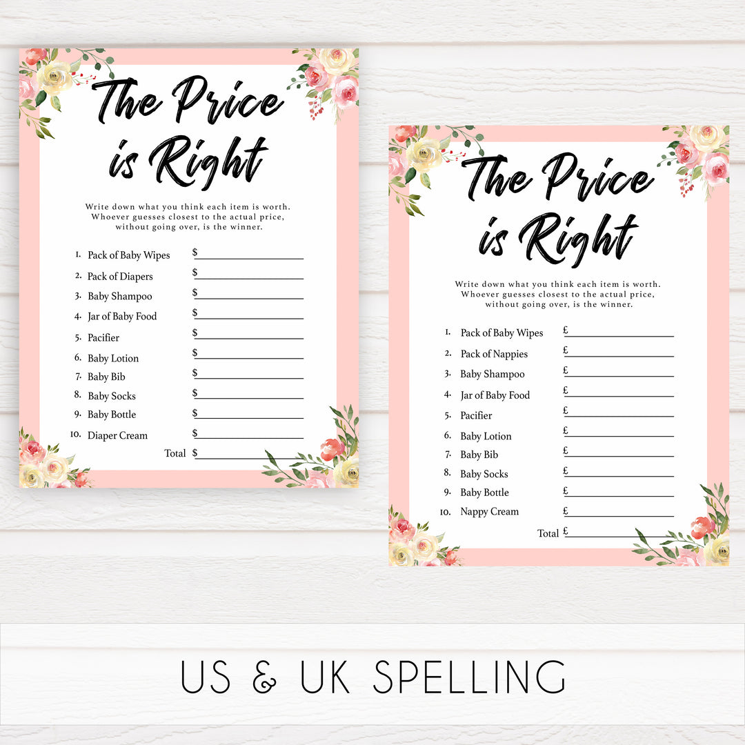 spring floral the price is right baby shower games, printable baby shower games, fun baby shower games, baby shower games, popular baby shower games